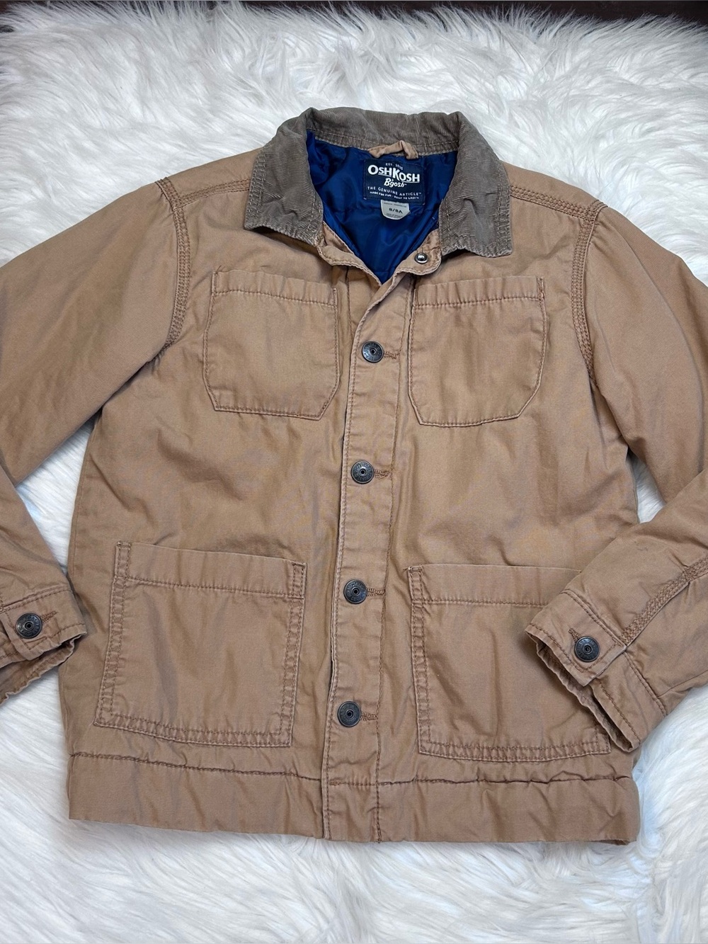 Oshkosh Boy's Chore Coat 8 Corduroy Collar Quilted Lining Tan Canvas Barn Jacket